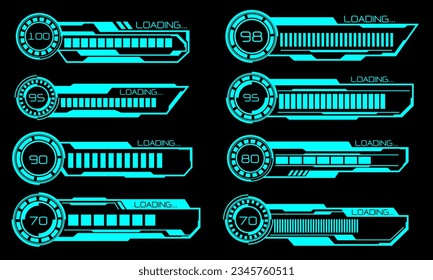 Conjunto de barras de progreso de carga modernas HUD elementos de interfaz de usuario diseñan tecnología ciberazul sobre ilustración vectorial futurista negra.