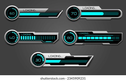 Conjunto de barras modernas de progreso de carga HUD elementos de interfaz de usuario diseñan tecnología ciberazul gris metálico futurista ilustración vectorial.