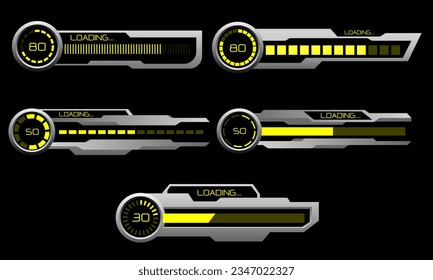 Set of HUD modern loading progress bars user interface elements design technology cyber yellow grey metallic black futuristic vector illustration.
