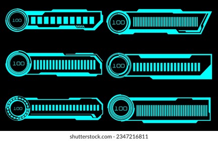 Set of HUD modern loading progress bars user interface elements design technology cyber blue on black futuristic vector illustration.