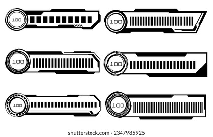Set of HUD modern loading progress bars user interface elements design technology cyber black on white futuristic vector illustration.