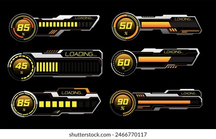 Set of HUD modern loading progress bars user interface elements design technology cyber yellow orange silver on black futuristic vector illustration.