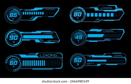 Set von HUD moderne Ladefortschrittsbalken Benutzeroberfläche Elemente Design Technologie Cyber Blue auf schwarz futuristische Vektorillustration.