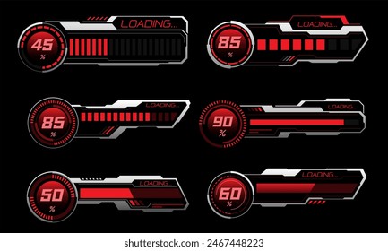 Set of HUD modern loading progress bars user interface elements design technology cyber red silver on black futuristic vector illustration.