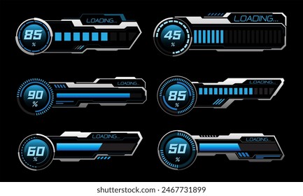 Set of HUD modern loading progress bars user interface elements design technology cyber blue silver on black futuristic vector illustration.