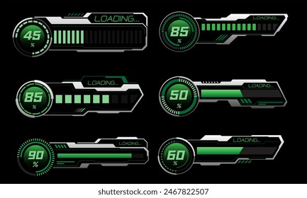 Set of HUD modern loading progress bars user interface elements design technology cyber green silver on black futuristic vector illustration.