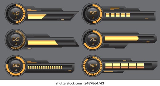 Set of HUD modern loading progress bars user interface elements design technology cyber yellow black metallic futuristic vector illustration.