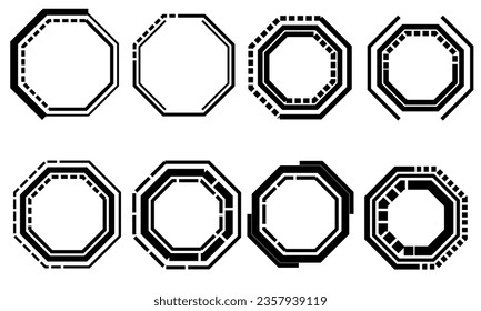 Set of HUD octagon modern user interface elements design technology cyber black on white futuristic vector illustration.