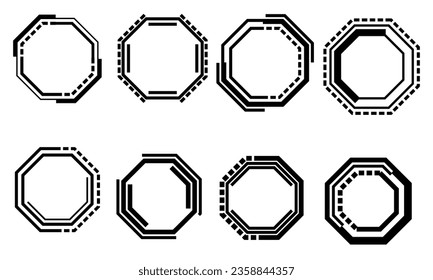 Set of HUD octagon modern user interface elements design technology cyber black on white futuristic vector illustration.