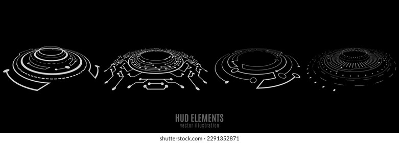 Set of HUD rounds on black background for your technology design. Sci-fi elements. GUI and UI. Vector illustration. EPS 10