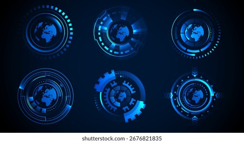 HUD-Technologie umkreist moderne Benutzeroberflächenelemente mit Weltkartendesign. zirkuläres futuristisches Cyber-Blue-System-Design. Vektor