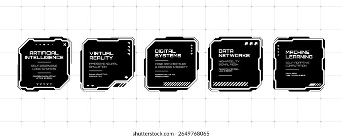 Conjunto de molduras de caixa de texto hud com um design futurista para exibir dados e informações em uma interface moderna.
