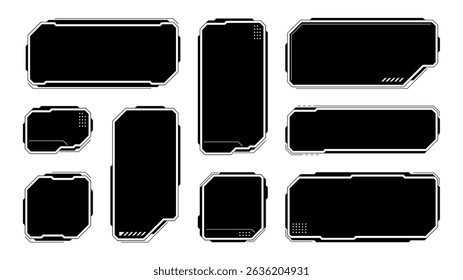 Set of HUD UI element frames. Text boxes in abstract tech style. cyberpunk style. hi-tech design. Modern technology banners. Vector graphics. game interface elements. sci-fi frames