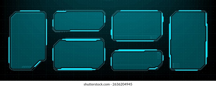 Set of HUD UI element frames. cyberpunk style. Text boxes in abstract tech style. Technology hi-tech design. Modern technology banners. Vector graphics. for a game or web design. 