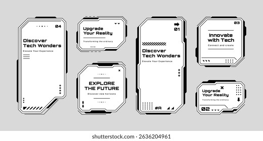 Set of HUD UI element frames. Text boxes in abstract tech style. cyberpunk style. Technology hi-tech design. Vector illustration. Modern technology banners. 