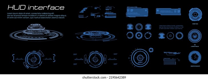 Set for HUD user interface. Set of futuristic, holographic HUD, GUI, UI elements. Innovative technological virtual interface