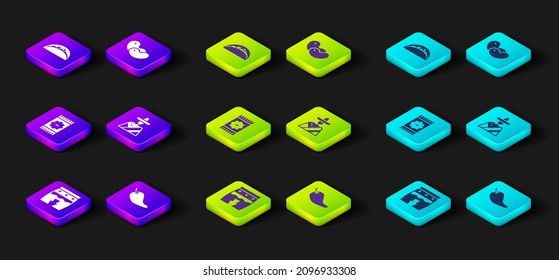 Set Huehuetl, Hot chili pepper pod, Mexican carpet, man sombrero, Beans and Taco with tortilla icon. Vector