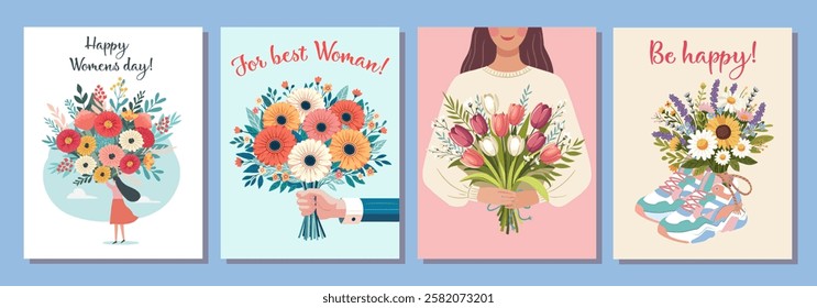 Set of Hug, Beauty, gift, love concept. Young woman girl cartoon hiding behind the bouquet of flowers. Happy holidays. Vector illustration isolated on color background.