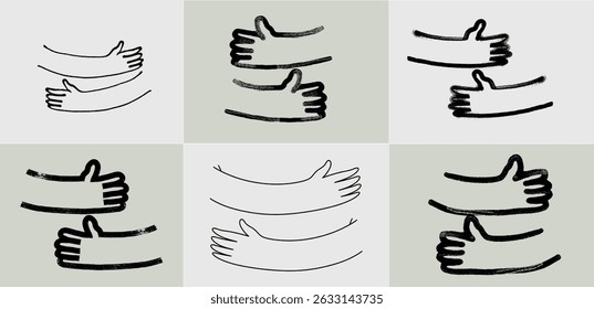 Set of hug hands doodle outline hand drawn logo icon sign Cute brush stroke. Collection of grunge bold brush drawn line vector. Black ink dirty texture. Vector black hand drawn logo illustration.