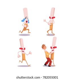 Set of huge evil cigarette characters - laughing, crying, running away and strangling a boy, cartoon vector illustration isolated on white background. Giant cigarette set, strangling a teenage boy