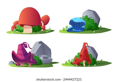 Set of huge magic mushrooms flat style, vector illustration isolated on white background. Decorative design elements for online games, fantasy world, interface, lawns and stones