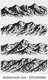 Set of huge mountains silhouettes isolated on transparent background. Vector mountain ranges illustrations.