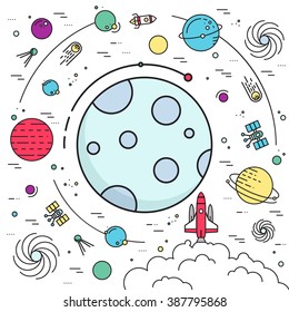 Set of huge space infographic universe illustration. Outer space rocket flying up into the solar system with a lot of planets background. Vector thin lines icons stars in galaxy design concept. 