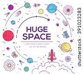 Set of huge universe infographic illustration. Outer space rocket flying up into the solar system with a lot of planets background. Vector thin lines icons stars in galaxy design concept. 