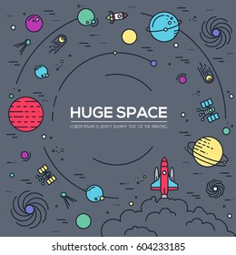 Set of huge universe infographic illustration. Outer space rocket flying up into the solar system with a lot of planets background. Vector thin lines icons stars in galaxy design concept.