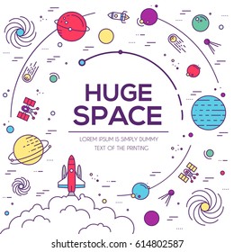 Set of huge universe infographic illustration. Outer space rocket flying up into the solar system with a lot of planets background. Vector thin lines icons stars in galaxy design concept.