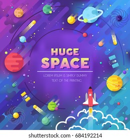 Set of huge universe infographic illustration. Outer space rocket flying up into the solar system with a lot of planets background. Vector thin lines icons stars in galaxy design concept. 