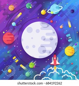 Set of huge universe infographic illustration. Outer space rocket flying up into the solar system with a lot of planets background. Vector thin lines icons stars in galaxy design concept. 