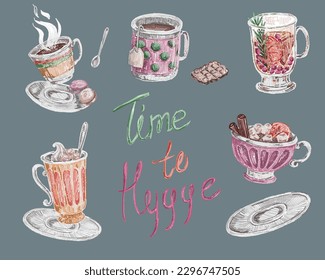 Set of hugge drinks, cozy and warm cocktails. Vector sketch set illustration