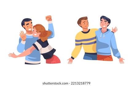 Set of hugging friends. Young men and women standing together and hugging. Happy friends, romantic relationship cartoon vector illustration