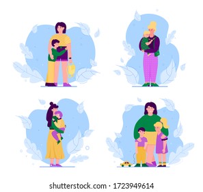 Set of hugging mother and children cartoon flat vector illustration isolated.