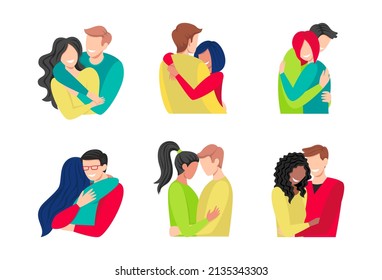 A set of hugging people, care, support. Man hugging a woman isolated on white background. International people. Vector flat illustration