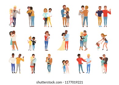 Set with hugging people. Friends, girlfriends, brothers, mothers and kids, couples in love. Cartoon characters with happy faces. Flat vector design