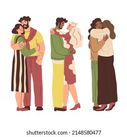 Set with hugging people. Hugs, girl love, relationship. Couple of lovers. Warm relations between people. Love for your neighbor. Vector illustration in flat style. Isolated elements.