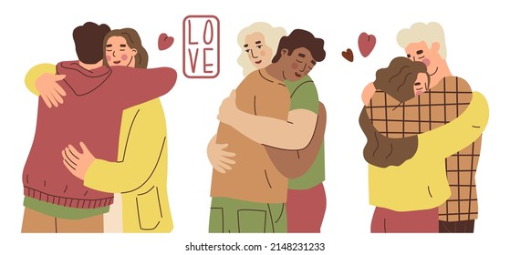 Con abrazos. Abrazos, amor, relación. Un par de amantes. Relaciones cálidas entre las personas. Amor por tu vecino. Ilustración vectorial en estilo plano. Elementos aislados.