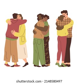Set with hugging people. Hugs, love, relationship. Couple of lovers. Warm relations between people. Love for your neighbor. Vector illustration in flat style. Isolated elements.