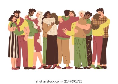 Set with hugging people. Hugs,  relationship, feeling love and positive emotions, dancing. Couple of lovers. Warm relations between people. Love for your neighbor. Vector illustration in flat style. 