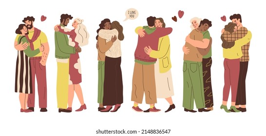 Set with hugging people. Hugs,  relationship, feeling love and positive emotions, married. Couple of lovers. Warm relations between people. Love for your neighbor. Vector illustration in flat style. 