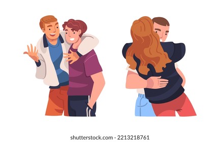 Set of hugging young people. Happy friends, romantic couple cartoon vector illustration