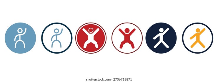 Set of human activity and movement icons in circular badges, dynamic stick figure illustrations showing exercise, motion, and fitness in modern vector style