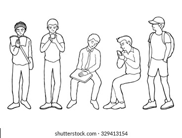 set of human activity in public transportation, shuttle bus, train, skytrain, urban lifestyle, hand drawing