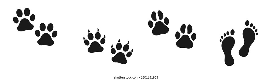 Set of human and animal footprints. Bare human feet. Cat and dog trace. Pet store icon. Steps.