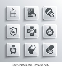 Set Human with animals footprint, Dog pill, Collar name tag, Veterinary clinic, Pet shampoo, Animal health insurance, Cage for birds and  icon. Vector