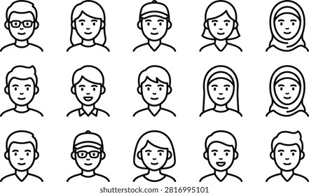 Set of human avatars featuring various genders occupations and styles including people with glasses caps and hijabs.