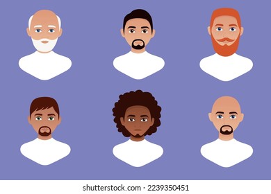 Set of human avatars. Various male face icons. Male characters. User portraits. Vector illustration in flat cartoon style. Men of different races
