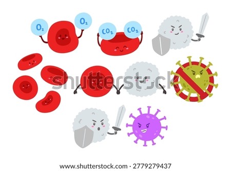 Set of human body cells and dangerous virus cartoon. Red and white blood cell, disease and bacteria. Cute character illustration of health awareness and education design for children.